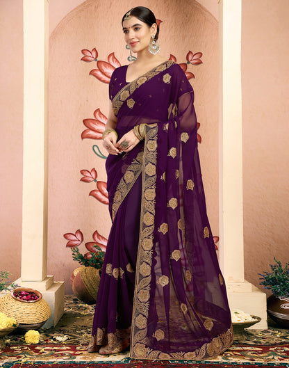 Wine Georgette Embroidery Embellished Saree