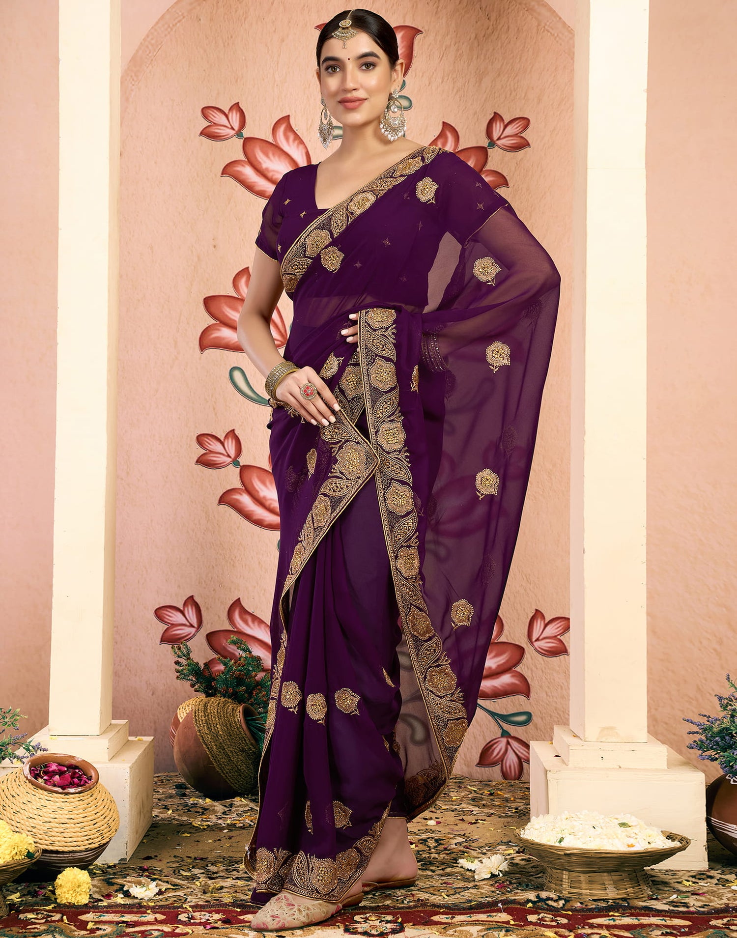 Wine Georgette Embroidery Embellished Saree