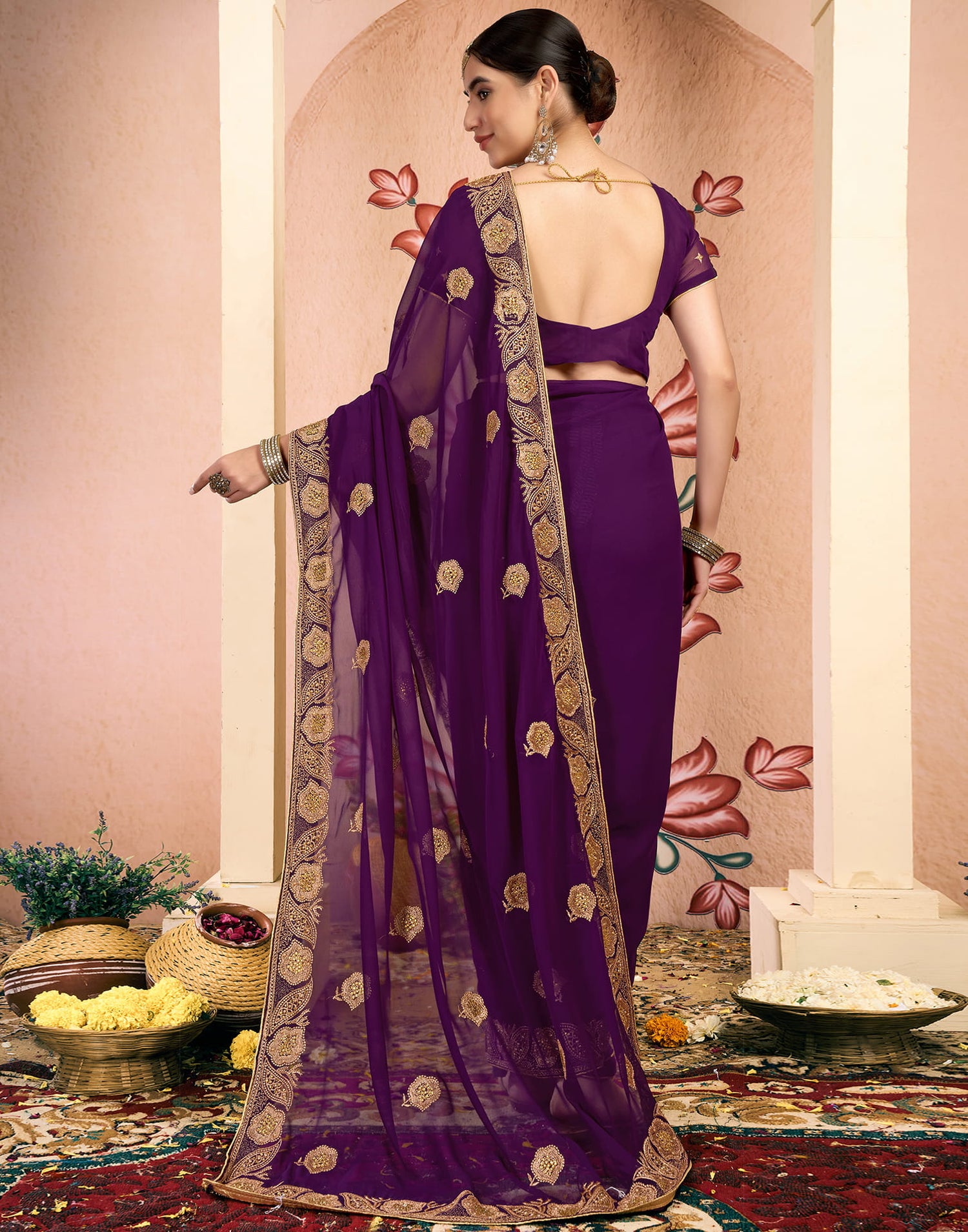 Wine Georgette Embroidery Embellished Saree