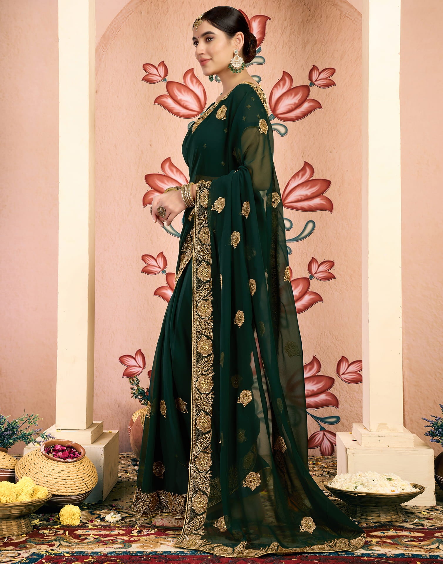 Green Georgette Embroidery Embellished Saree