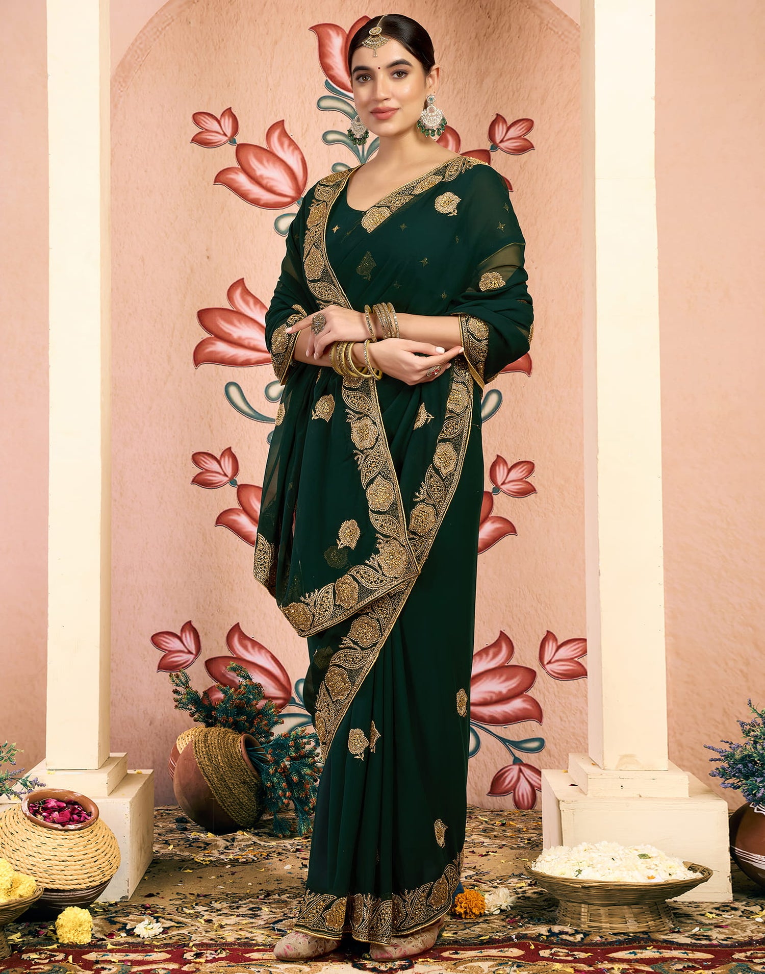 Green Georgette Embroidery Embellished Saree