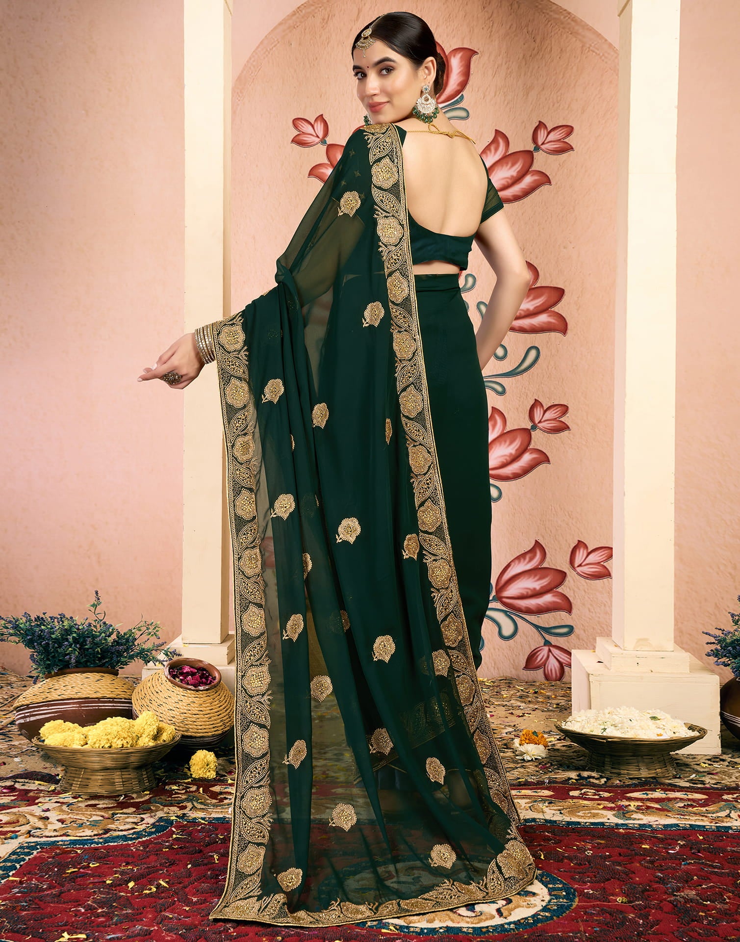 Green Georgette Embroidery Embellished Saree