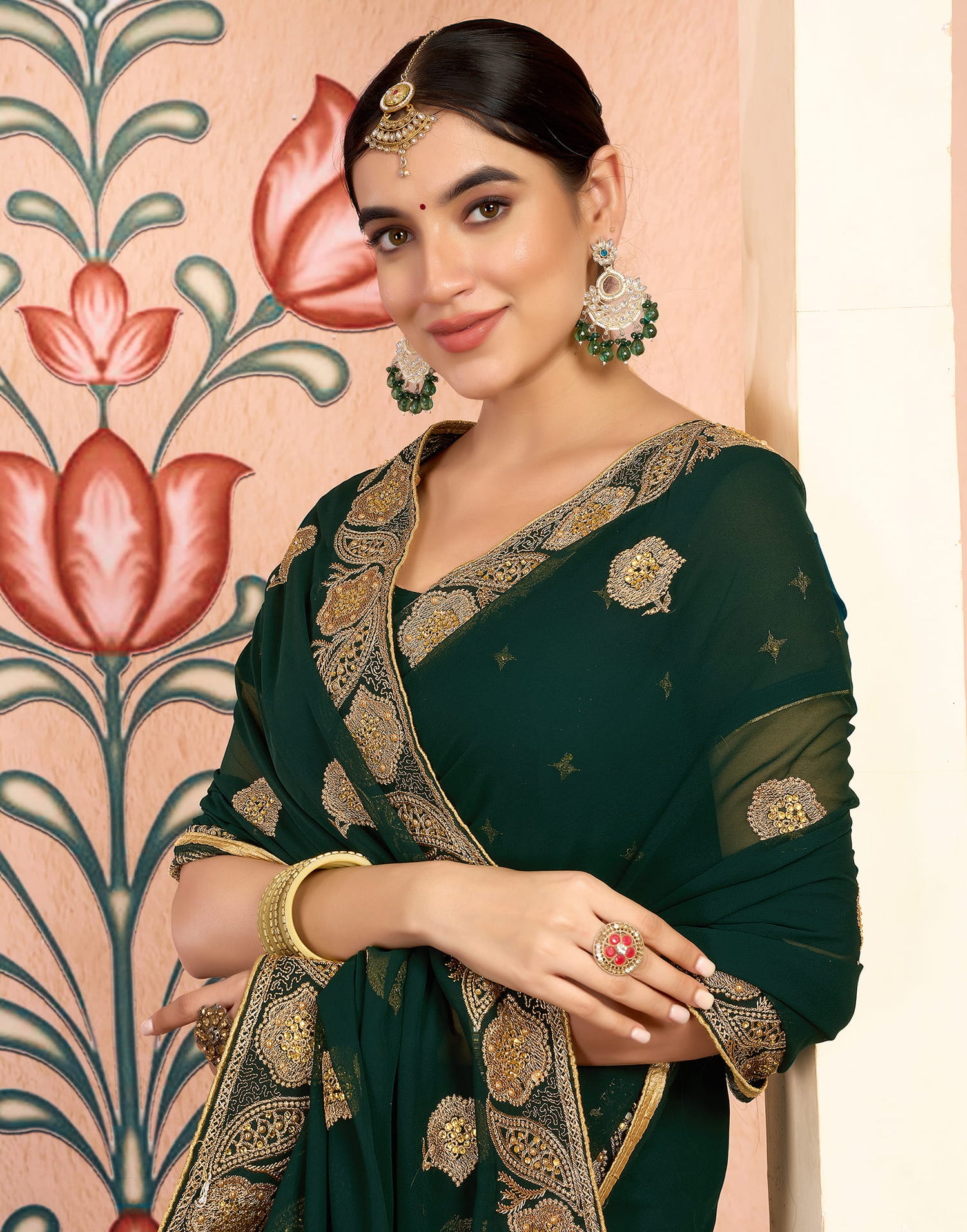 Green Georgette Embroidery Embellished Saree