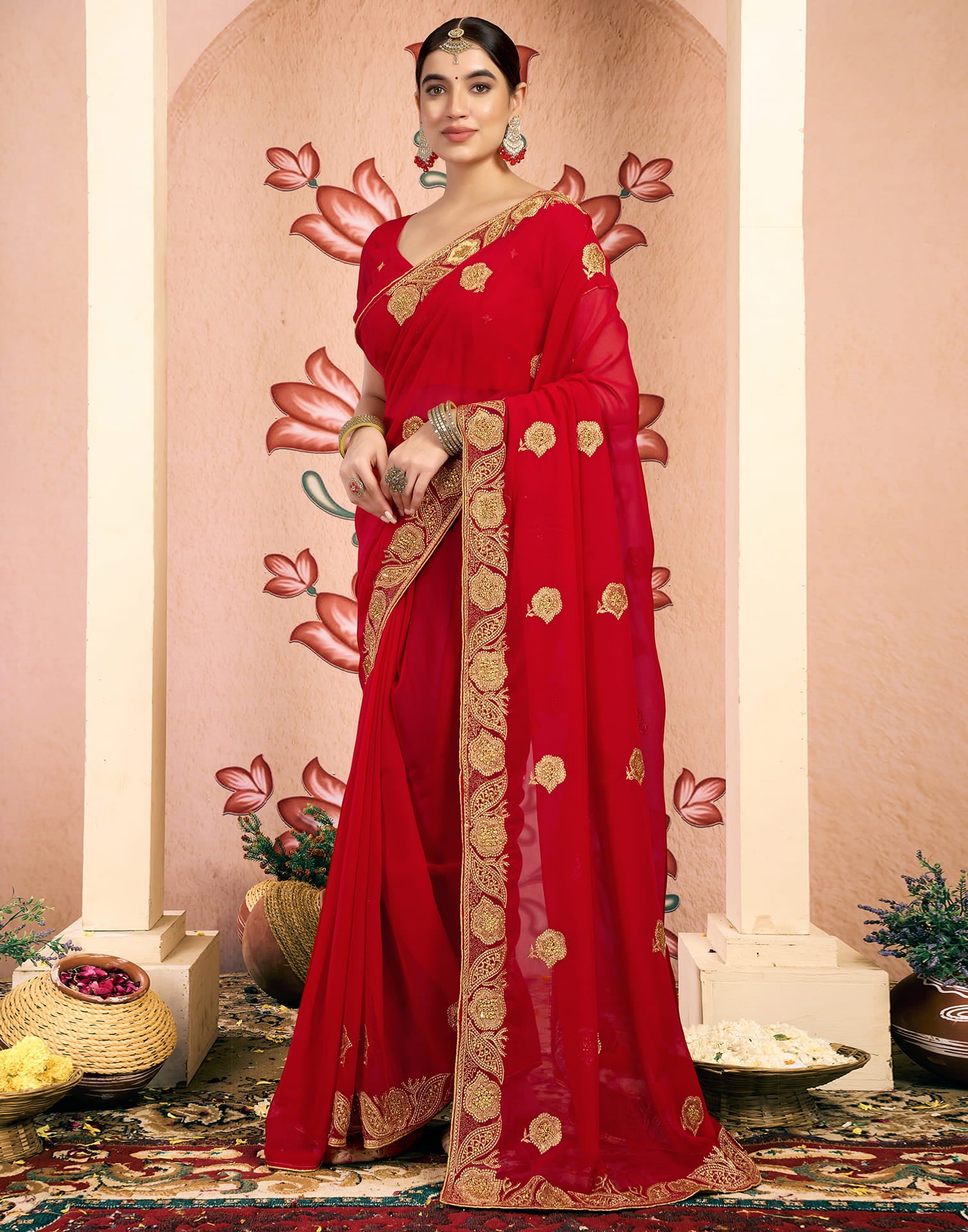 Red Georgette Embroidery Embellished Saree