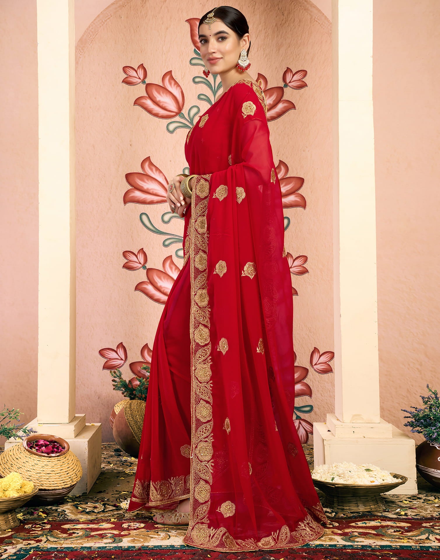 Red Georgette Embroidery Embellished Saree