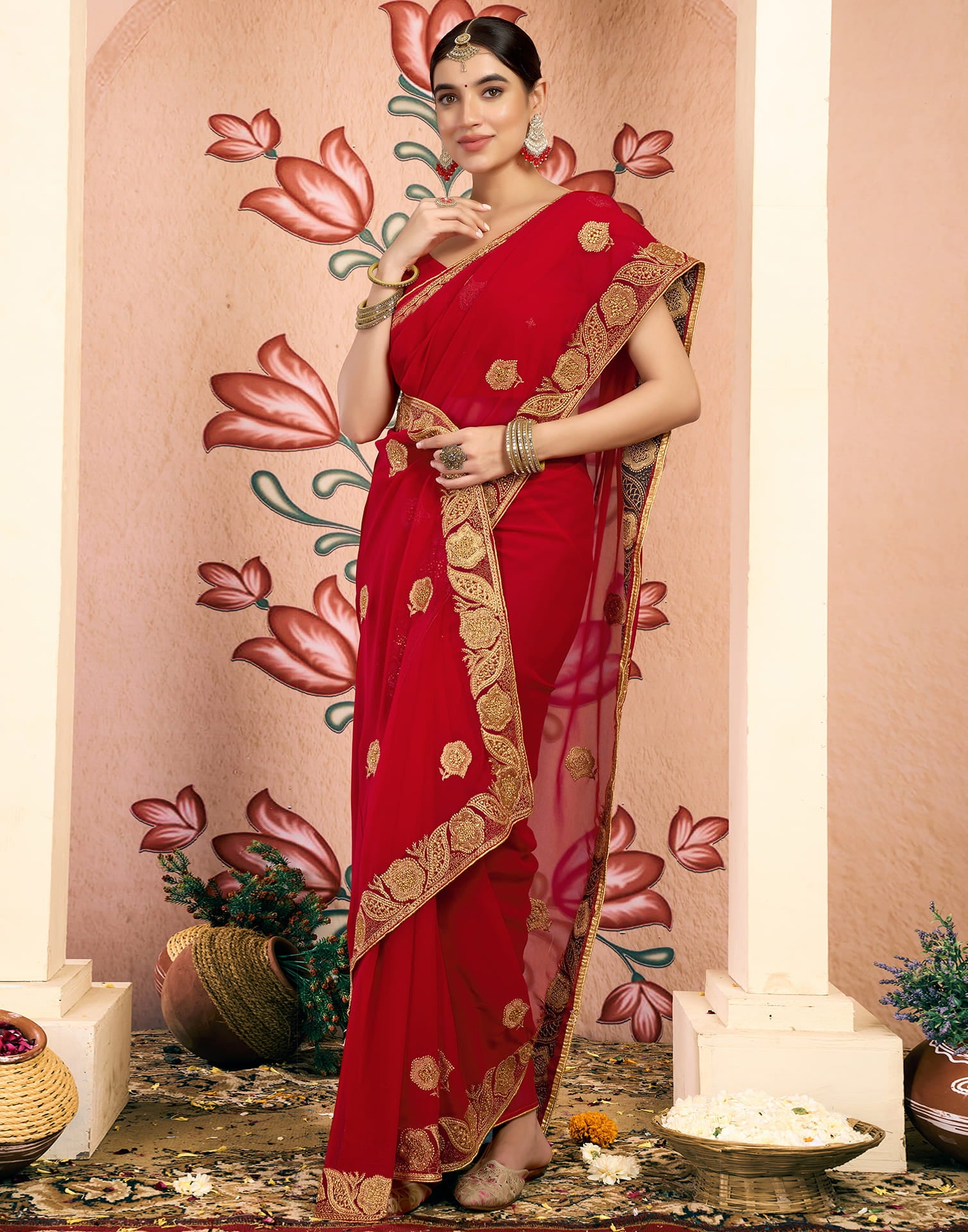 Red Georgette Embroidery Embellished Saree