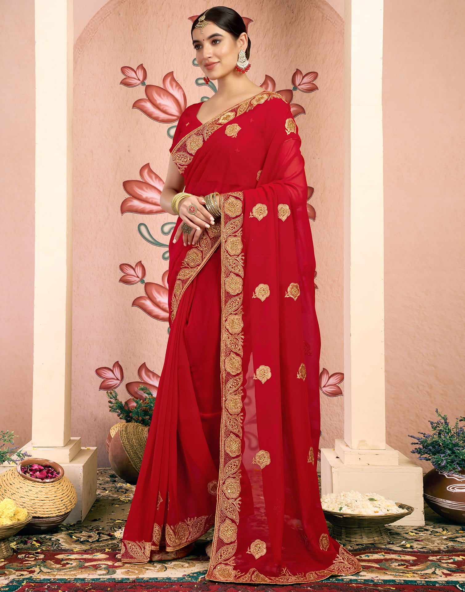 Red Georgette Embroidery Embellished Saree