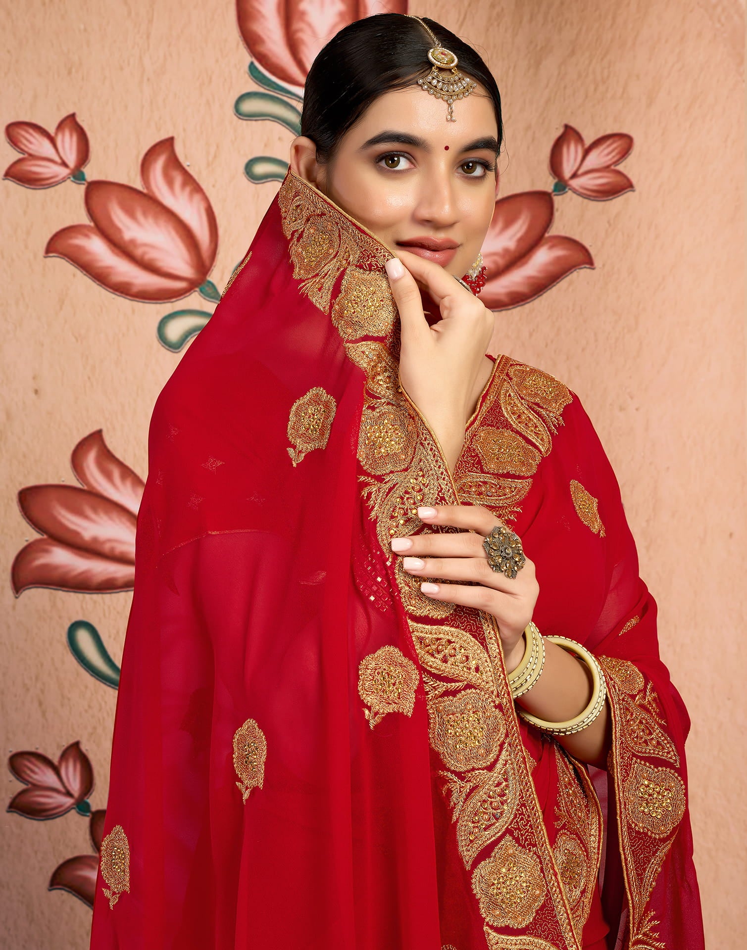 Red Georgette Embroidery Embellished Saree