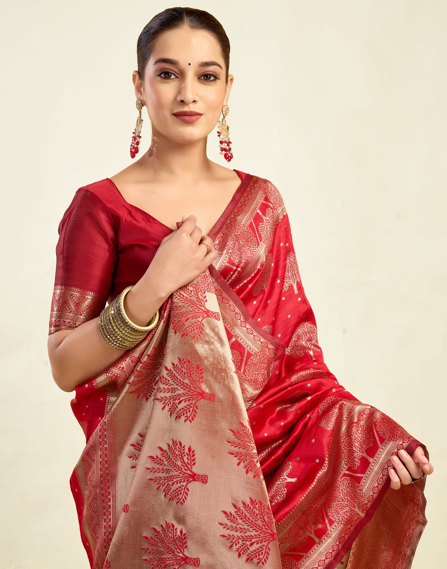 Red Silk Blend Woven Banarasi Saree