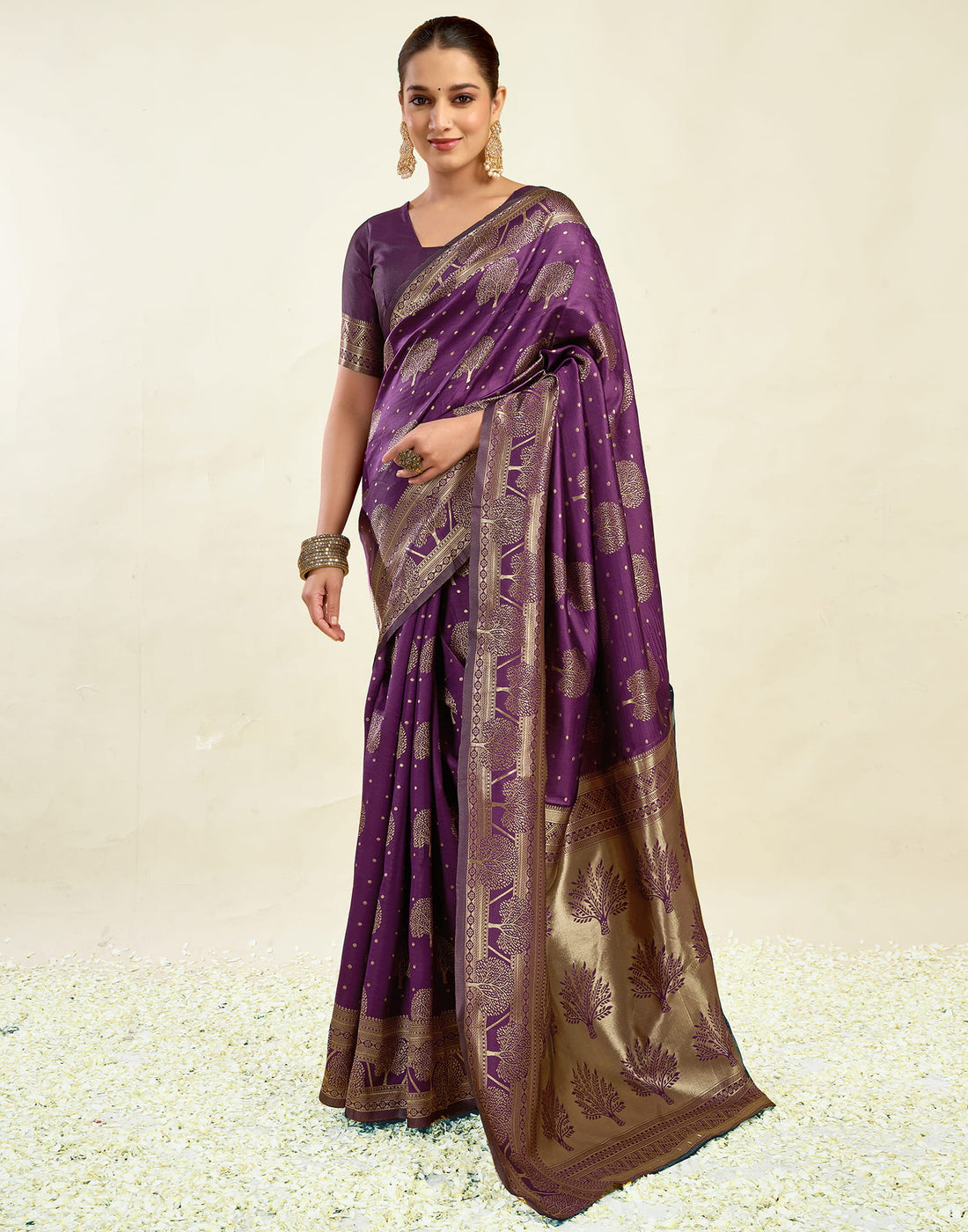 Purple Silk Blend Woven Banarasi Saree