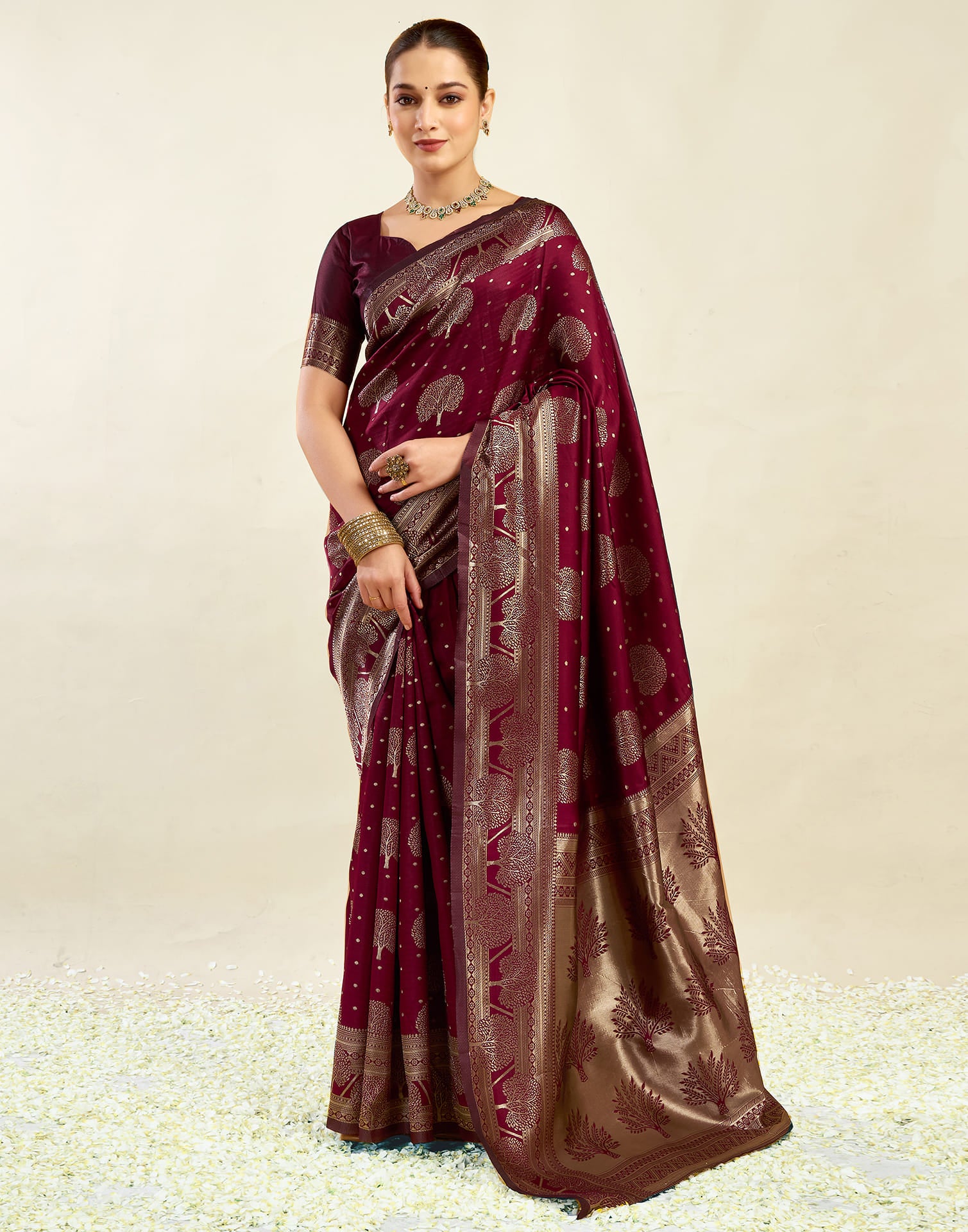 Maroon Silk Blend Woven Banarasi Saree