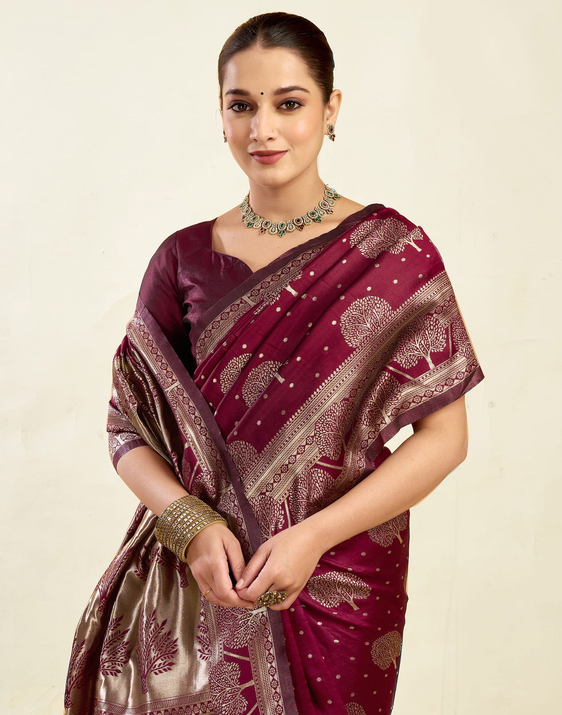 Maroon Silk Blend Woven Banarasi Saree