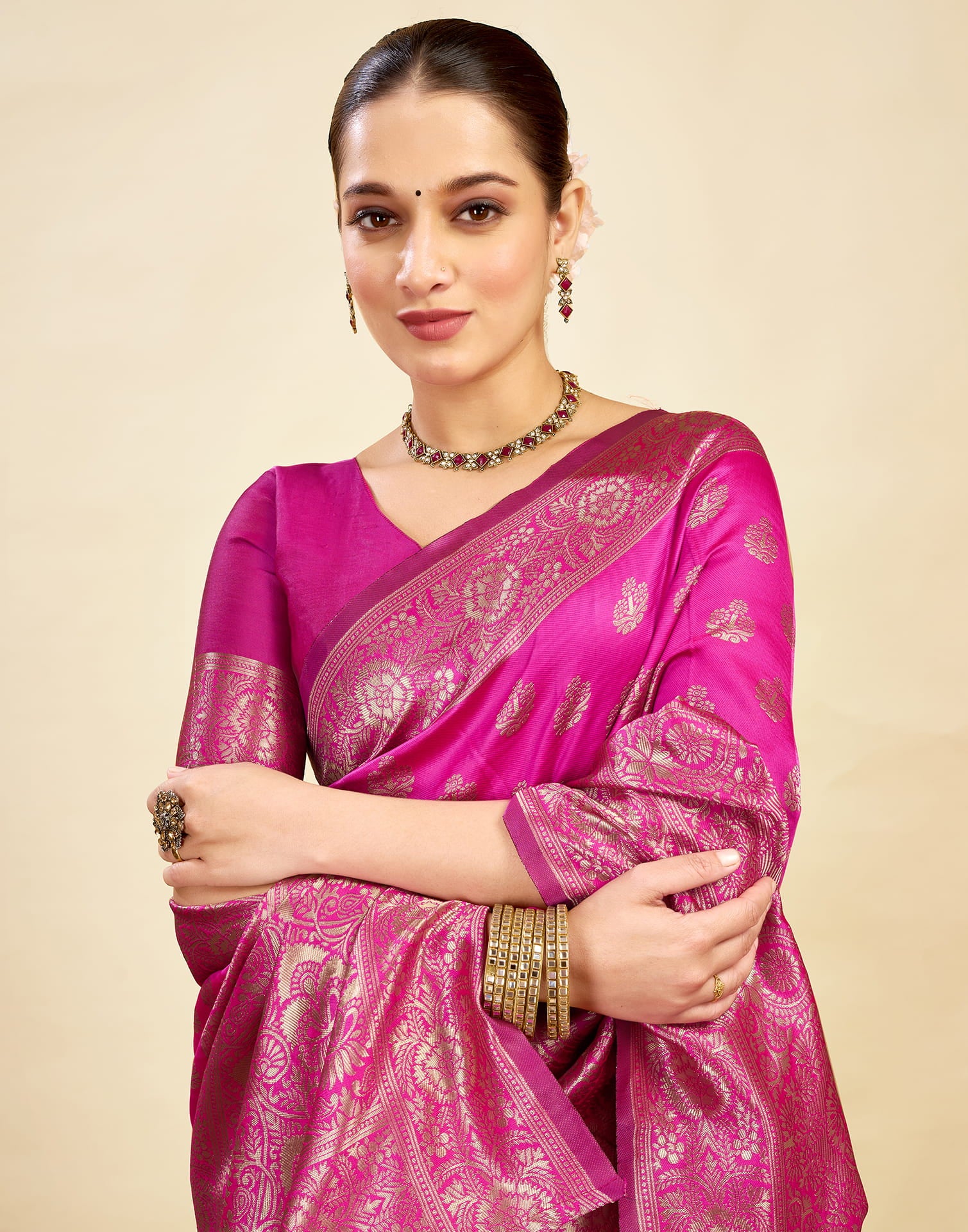 Pink Silk Blend Woven Banarasi Saree