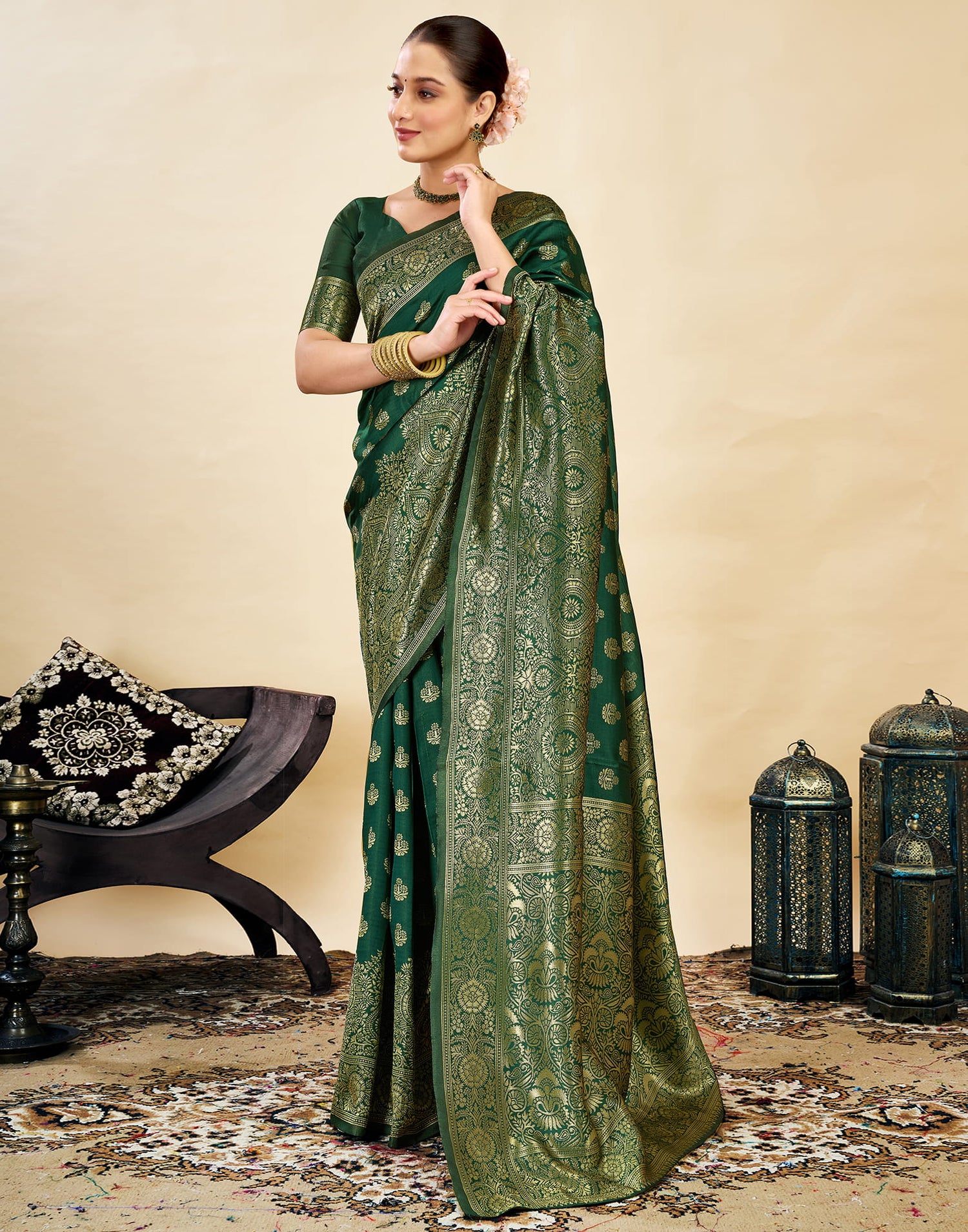 Green Silk Blend Woven Banarasi Saree