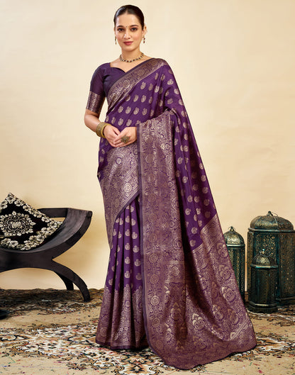 Wine Silk Blend Woven Banarasi Saree