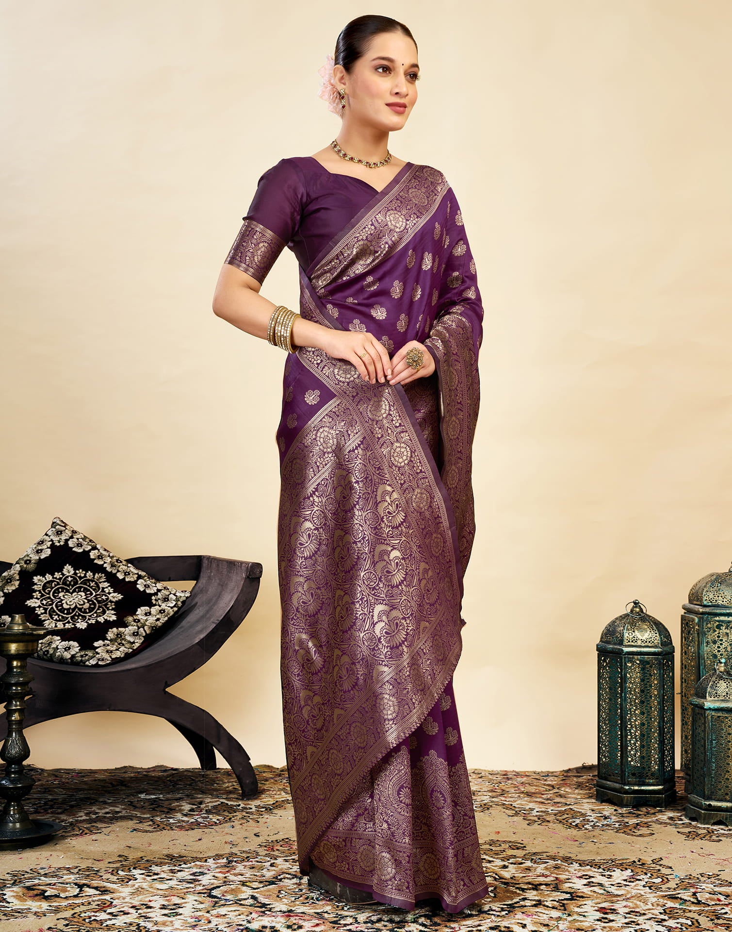 Wine Silk Blend Woven Banarasi Saree