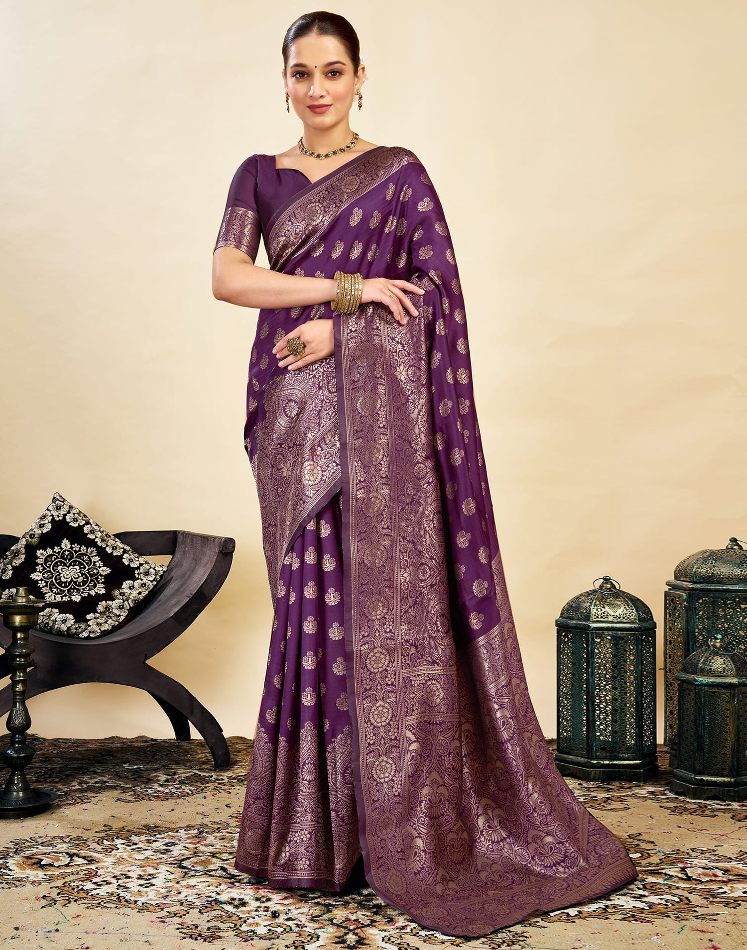 Wine Silk Blend Woven Banarasi Saree