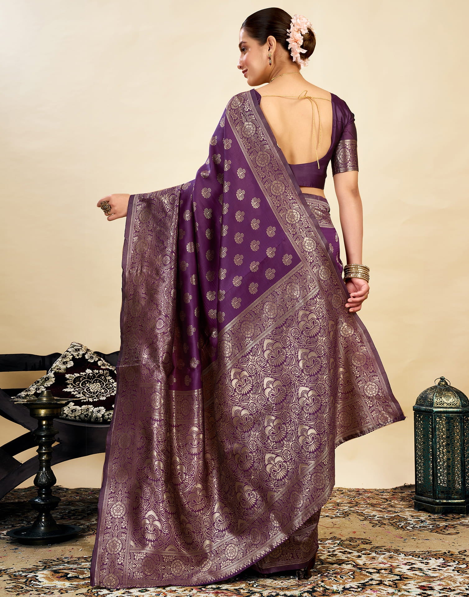 Wine Silk Blend Woven Banarasi Saree