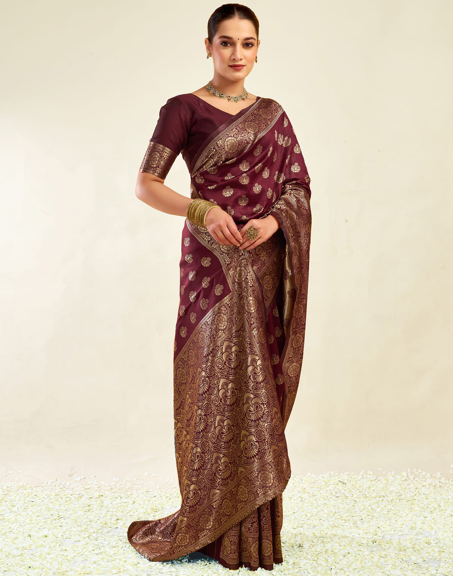 Maroon Silk Blend Woven Banarasi Saree