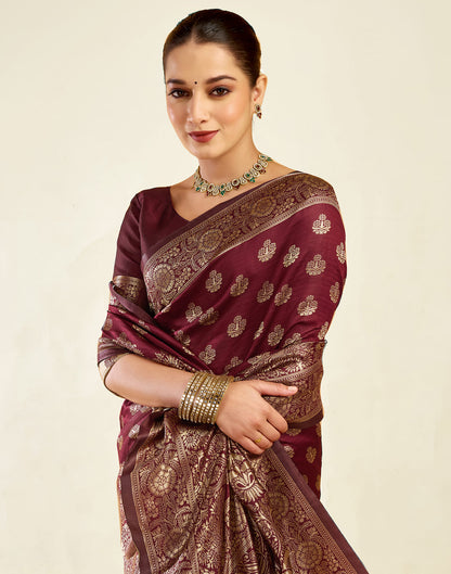 Maroon Silk Blend Woven Banarasi Saree