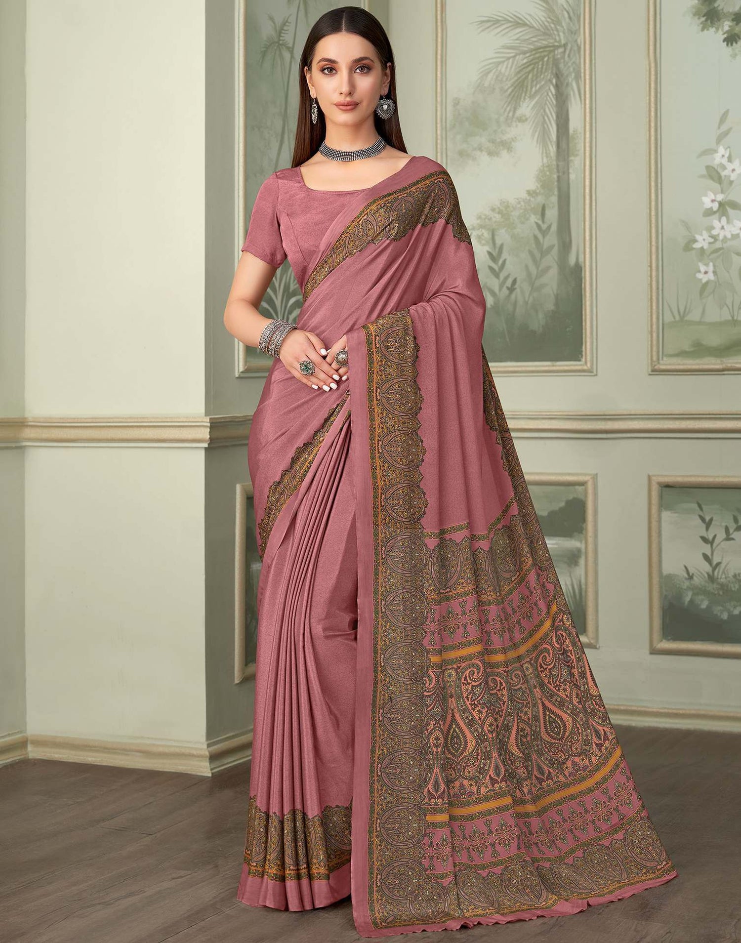 Dusty Pink Silk Printed Saree