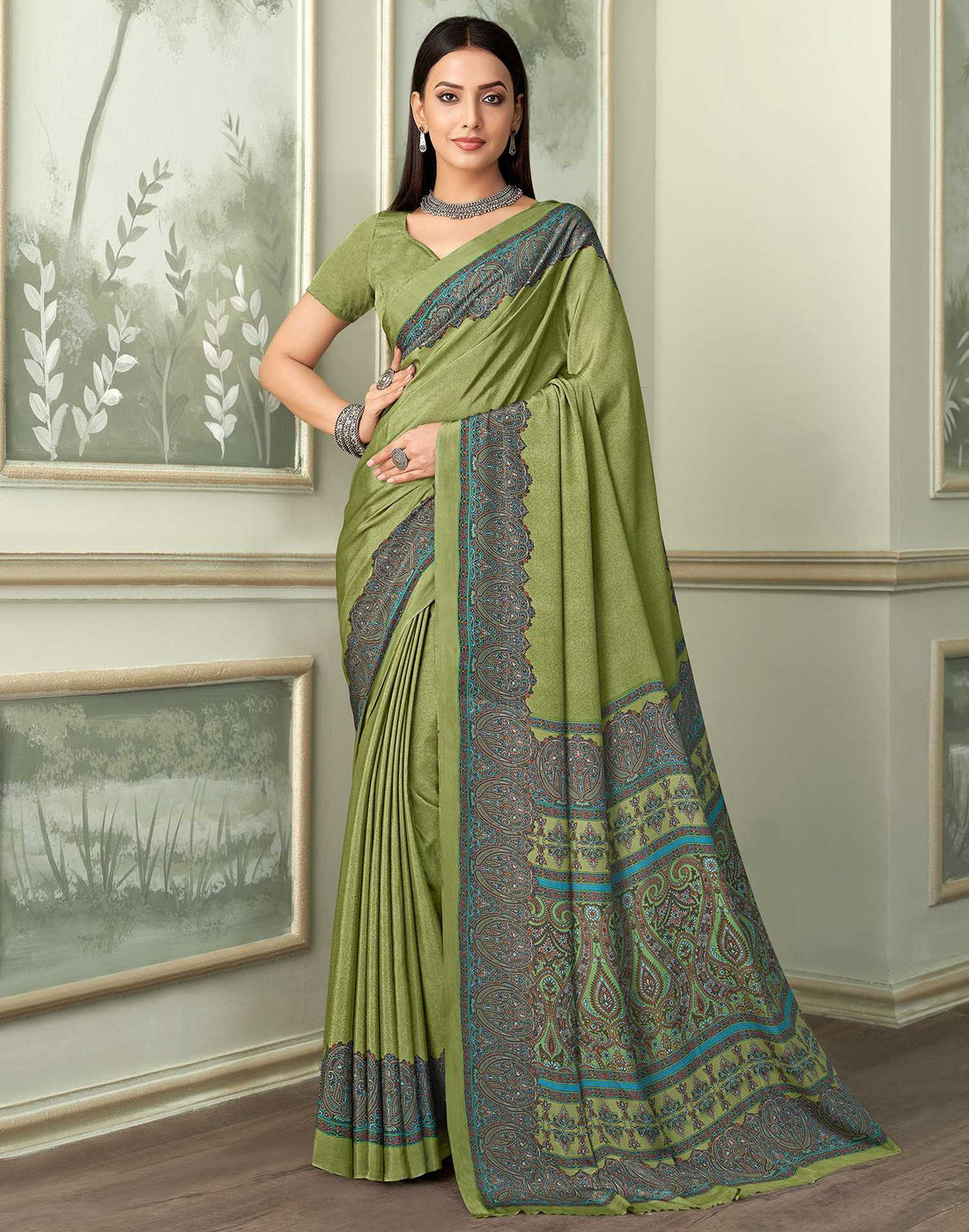 Light Pista Green Silk Printed Saree