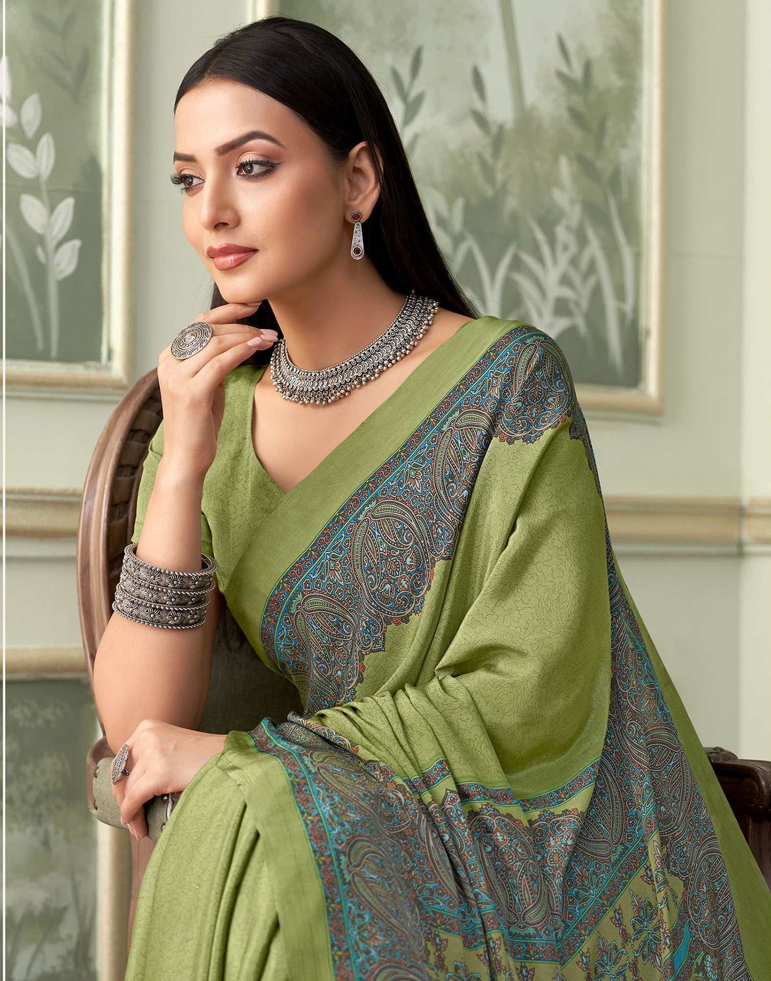 Light Pista Green Silk Printed Printed Saree