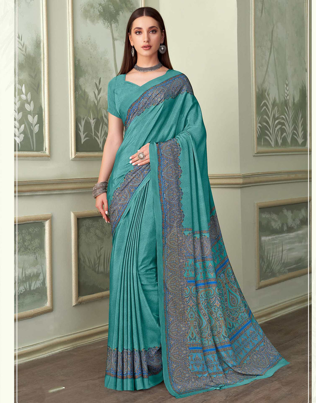 Turquoise Silk Printed Saree