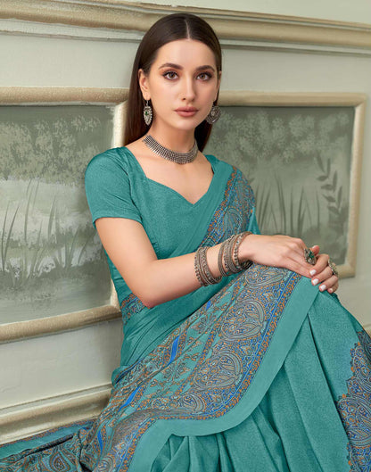 Turquoise Silk Printed Saree