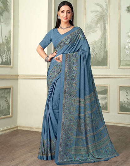 Dark Blue Silk Printed Saree