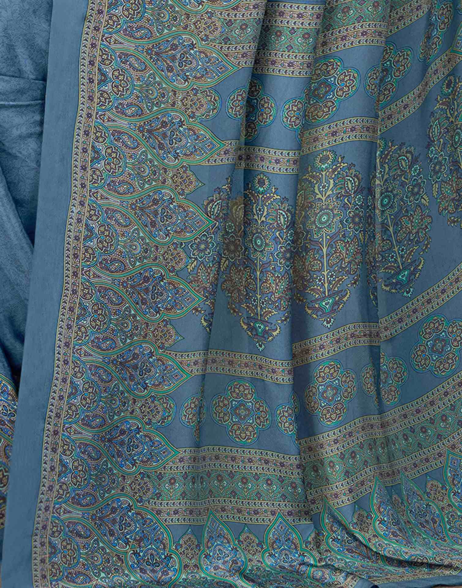 Dark Blue Silk Printed Saree