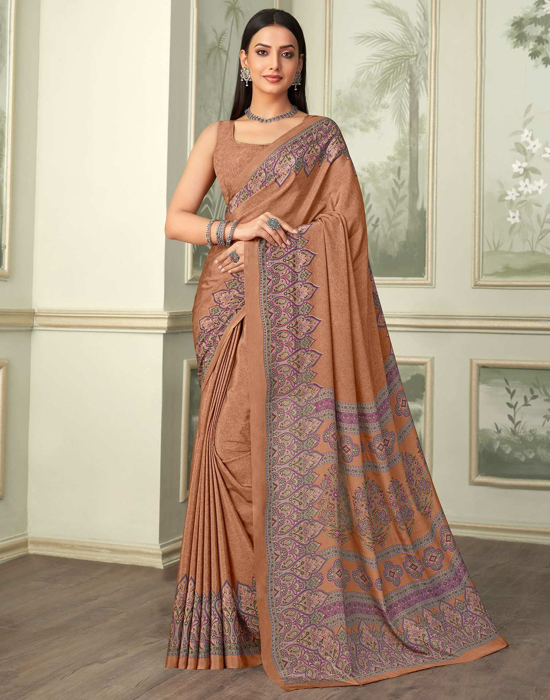 Brown Silk Printed Saree