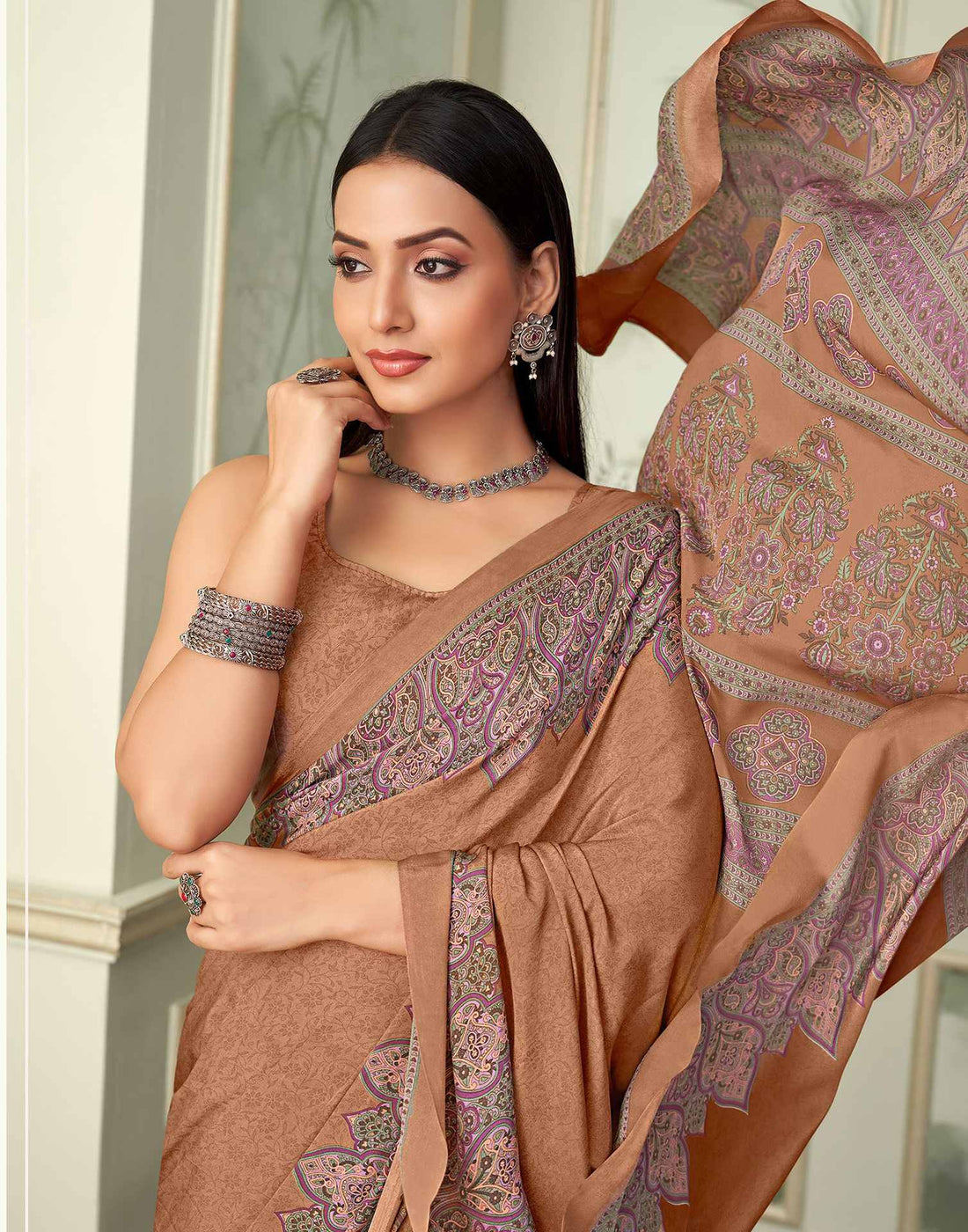 Brown Silk Printed Saree