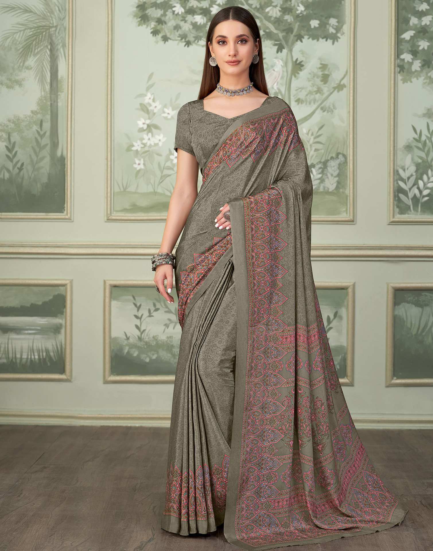 Stone Grey Silk Printed Saree