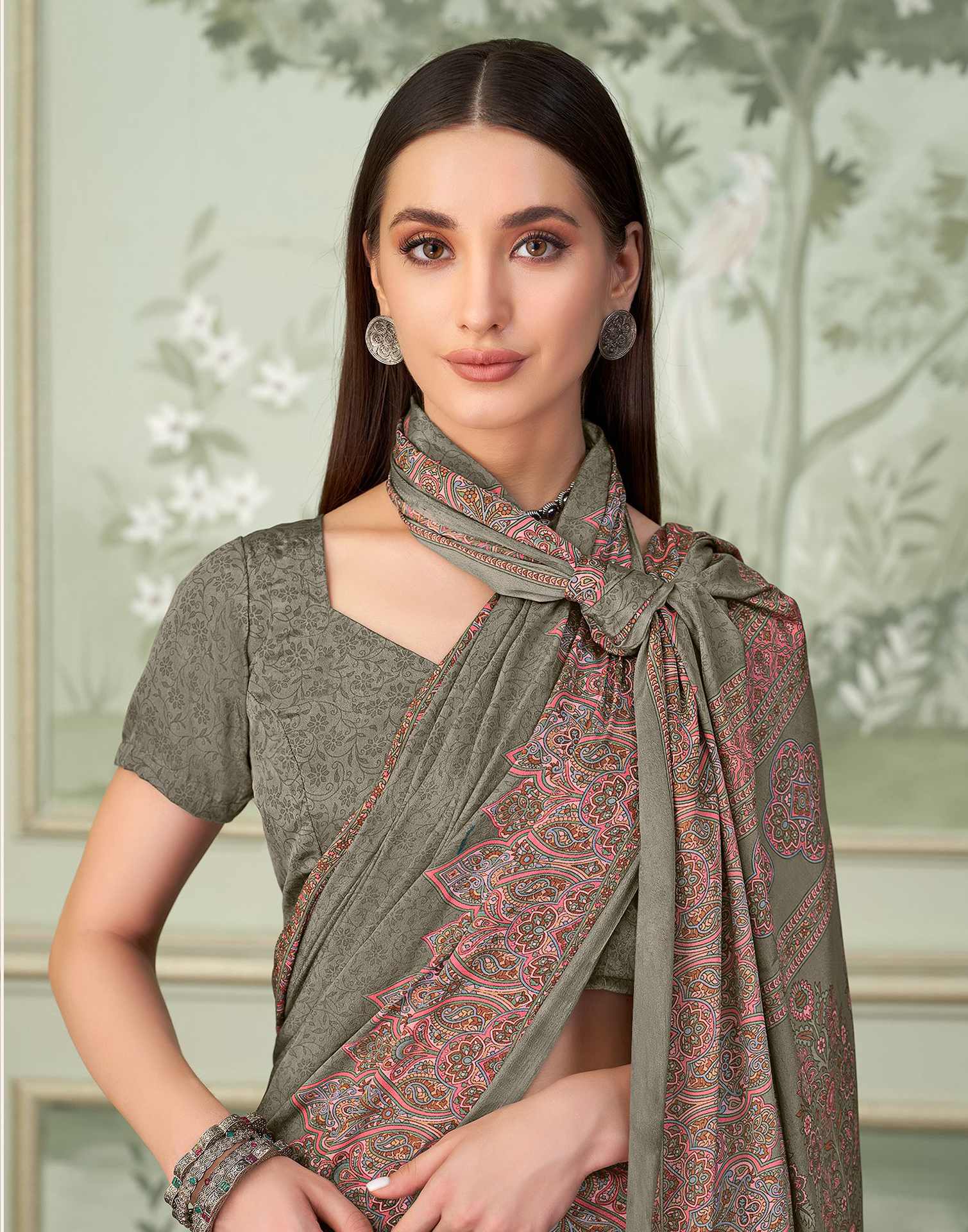 Stone Grey Silk Printed Saree