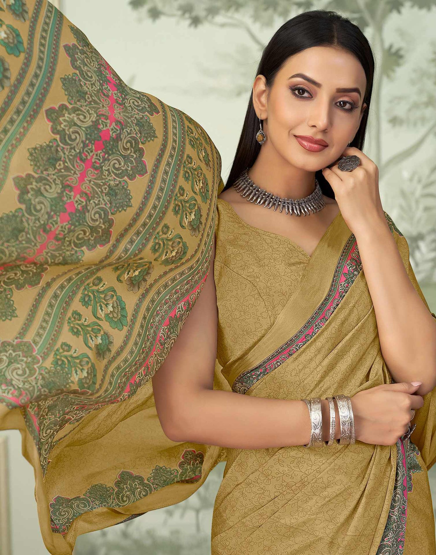 Mustard Yellow Silk Printed Saree