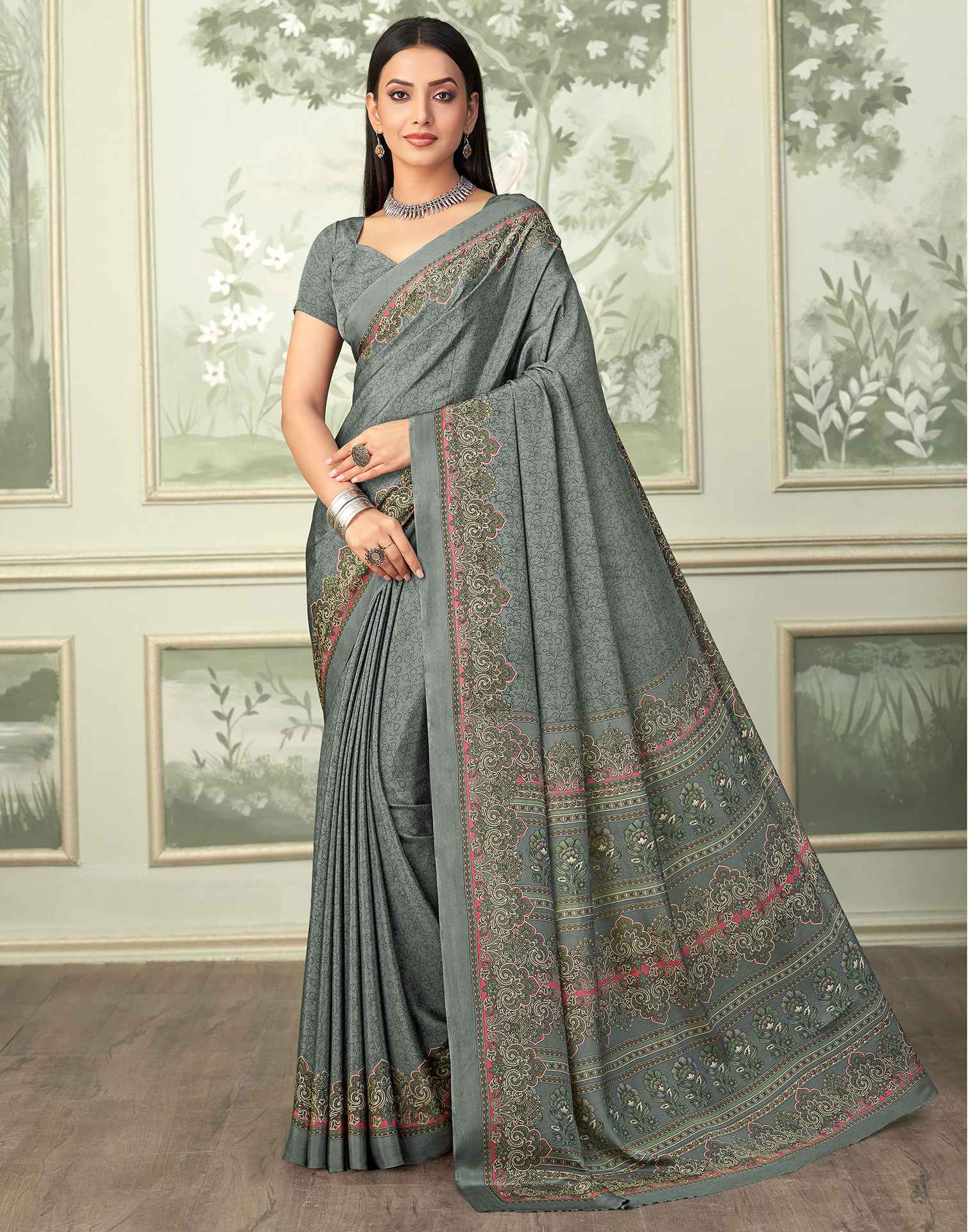 Grey Silk Printed Saree