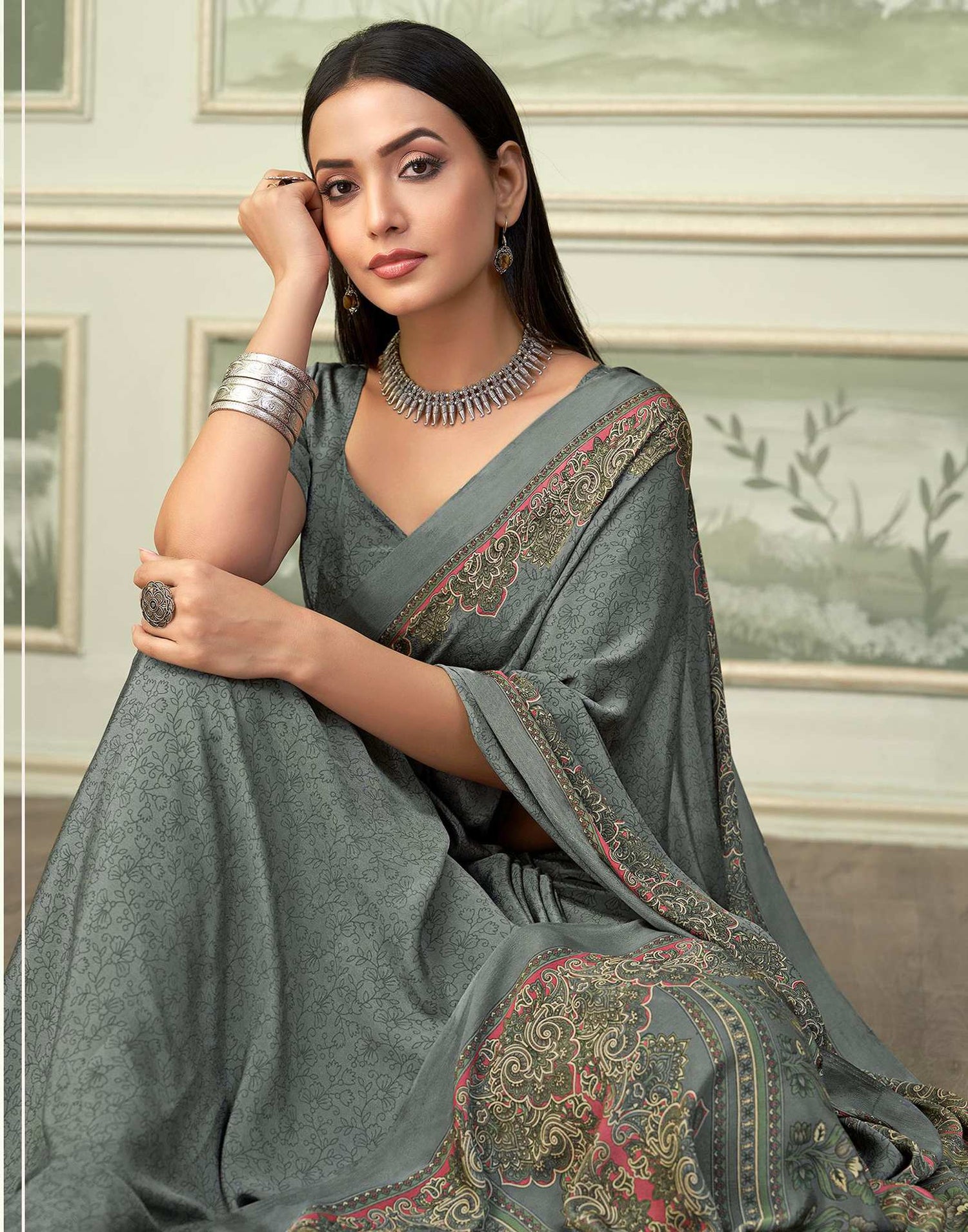 Grey Silk Printed Saree