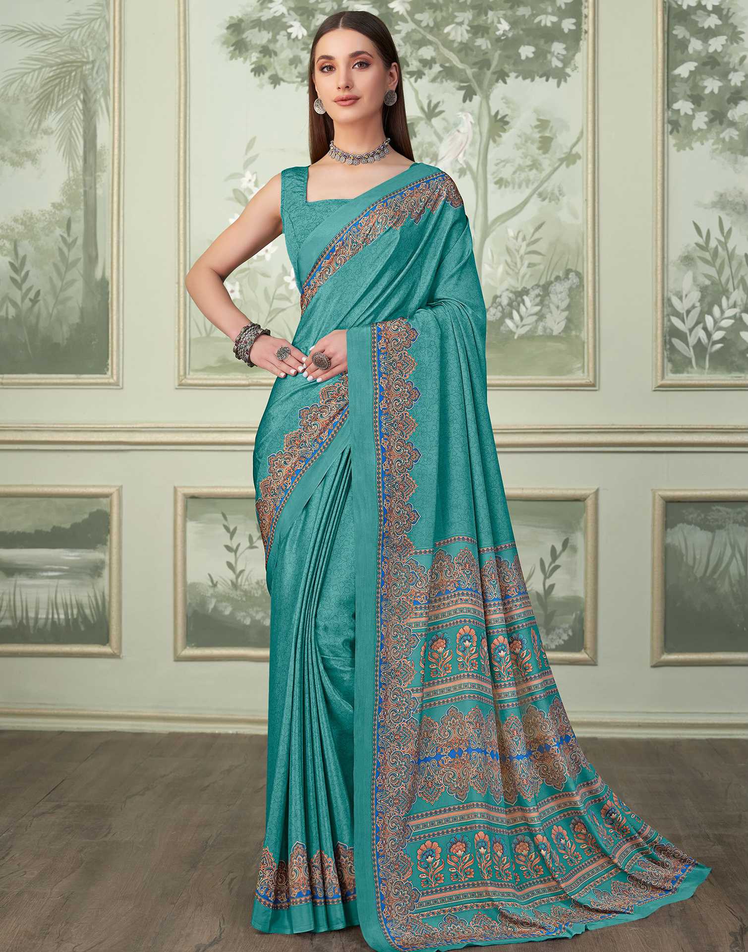 Turquoise Silk Printed Saree