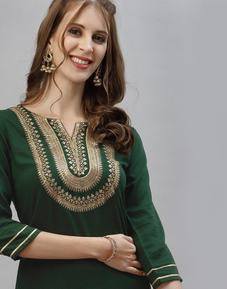 Bottle Green Embroidered Kurti | Sudathi