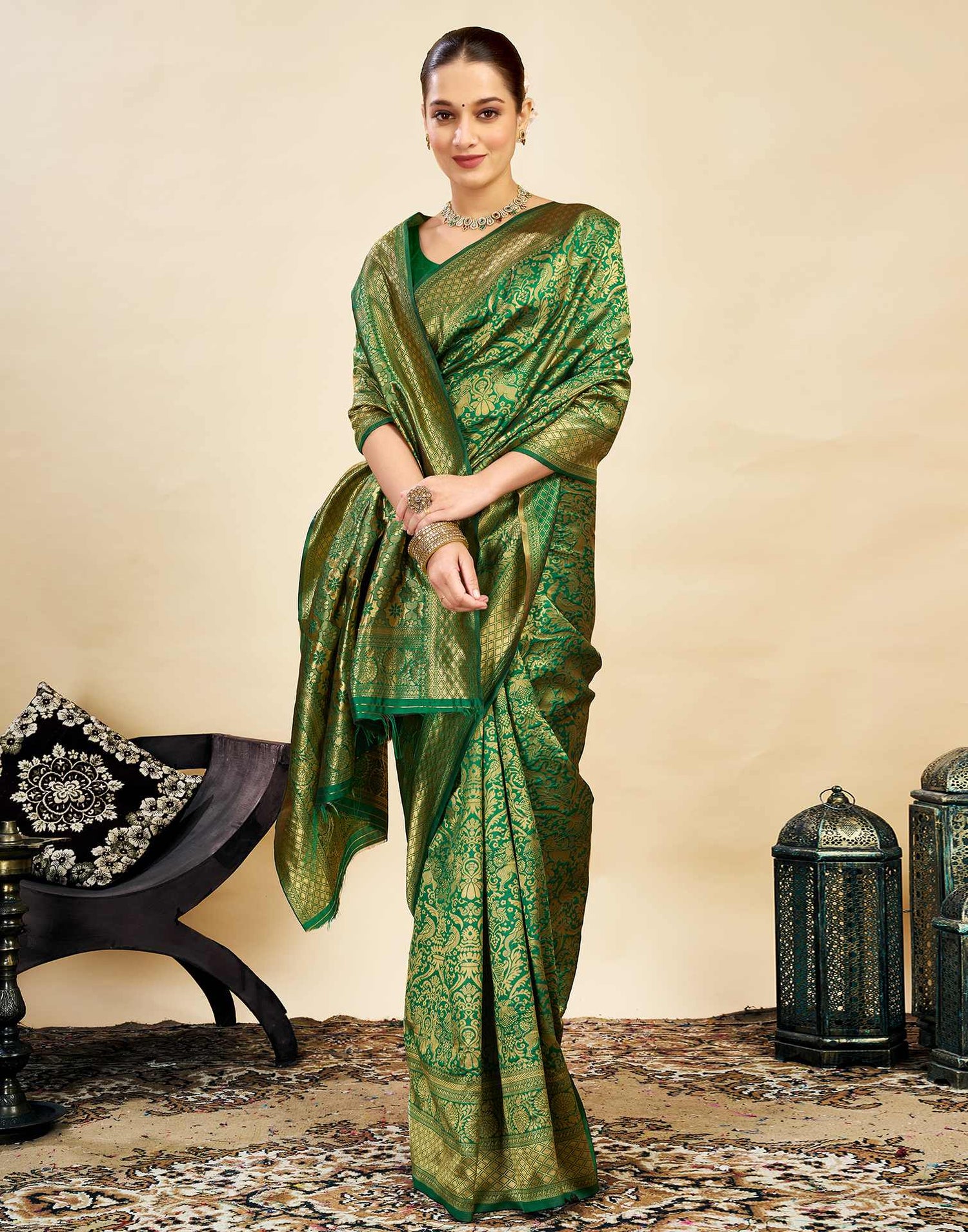 Dark Green Silk Weaving Kanjivaram Saree