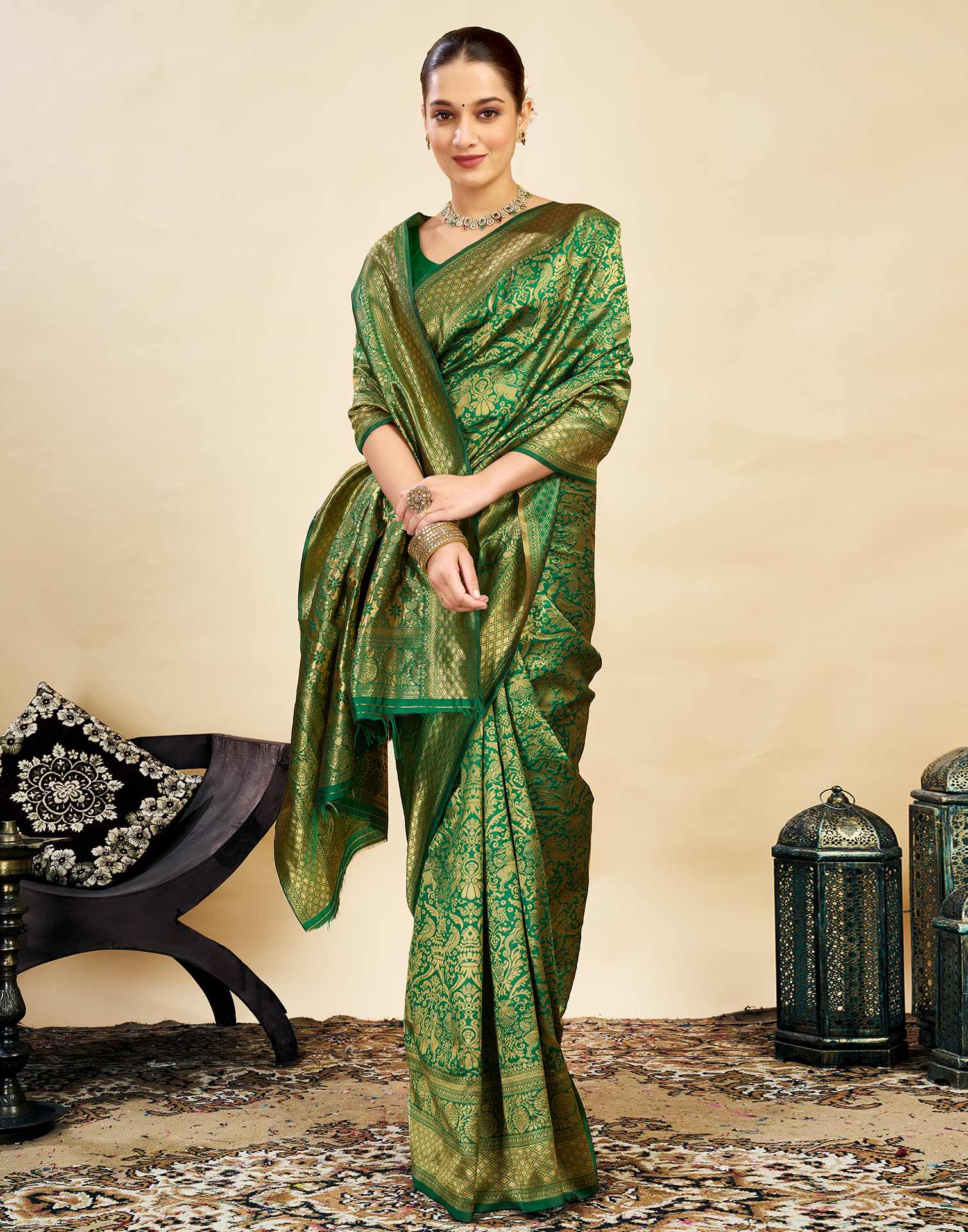 Green Silk Blend Woven Banarasi Saree