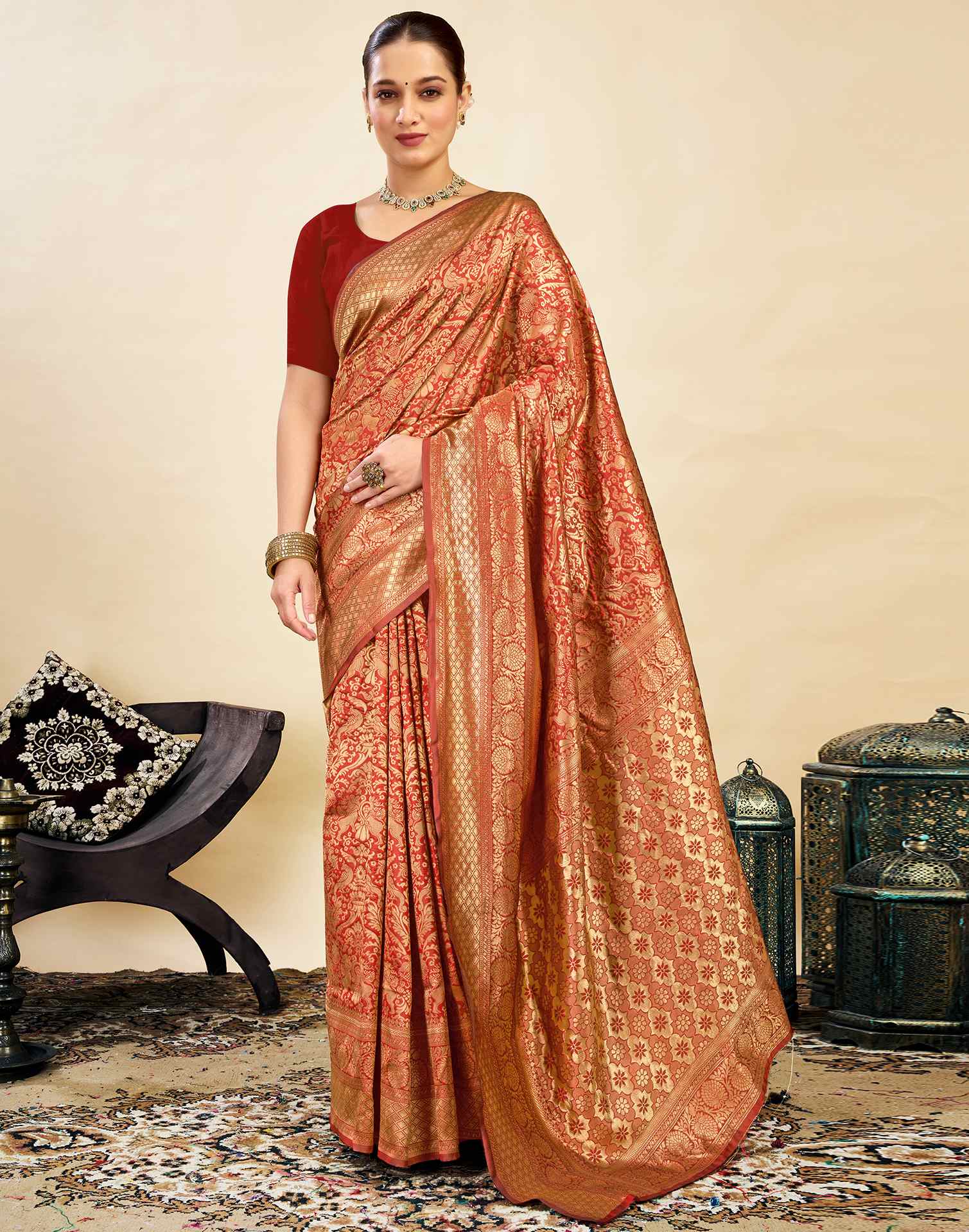 Red Silk Blend Woven Banarasi Saree