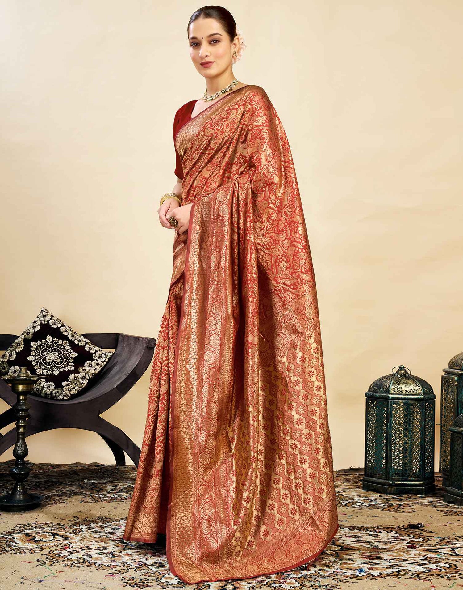 Red Silk Blend Woven Banarasi Saree