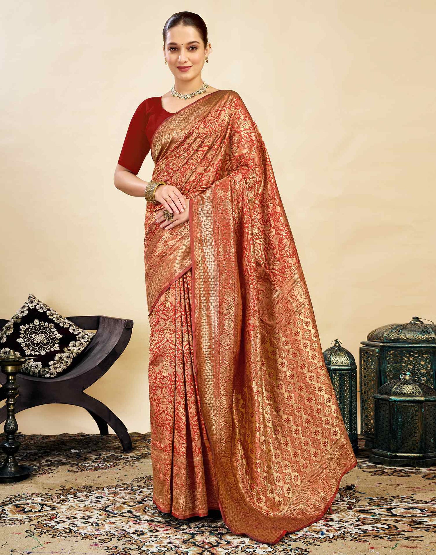 Red Silk Blend Woven Banarasi Saree