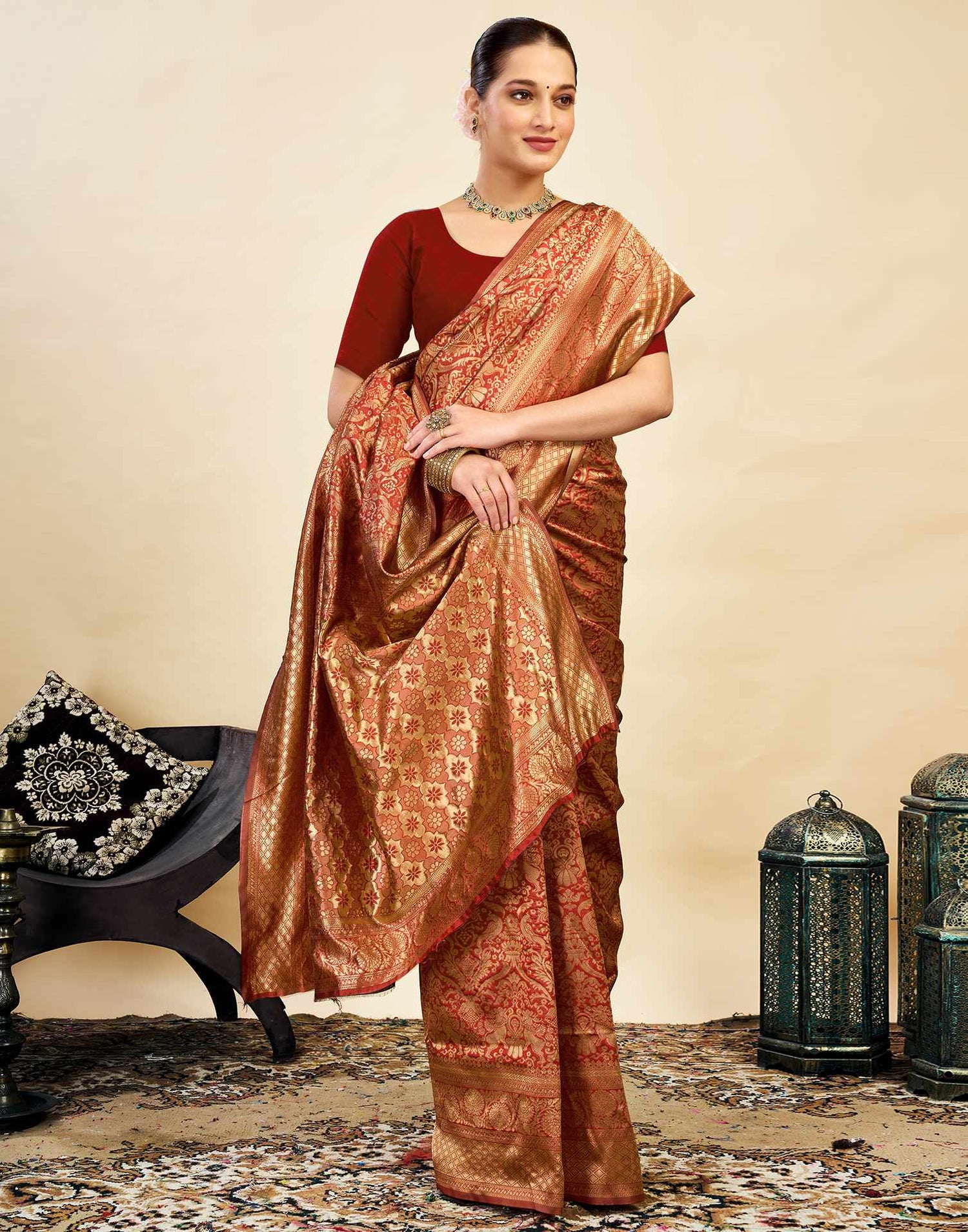 Red Silk Blend Woven Banarasi Saree