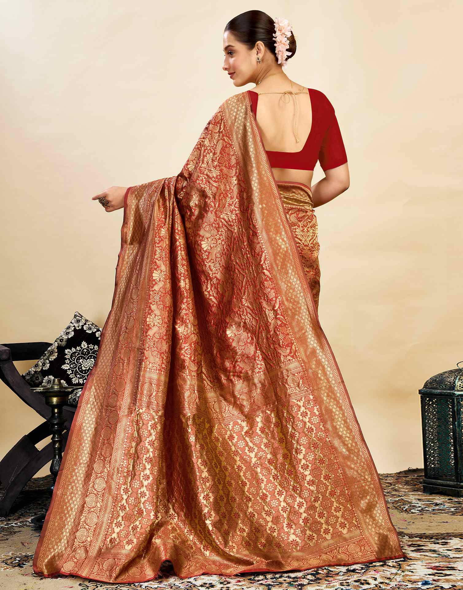 Red Silk Blend Woven Banarasi Saree