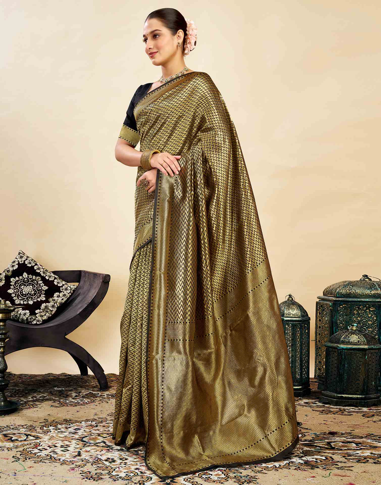 Black Silk Blend Woven Banarasi Saree