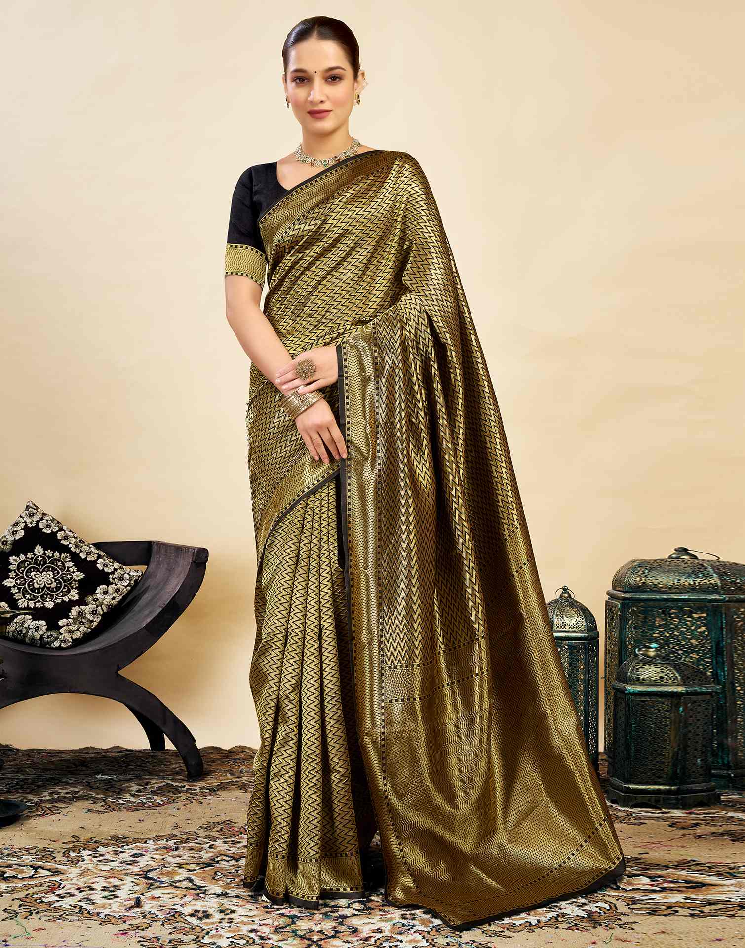 Black Silk Blend Woven Banarasi Saree