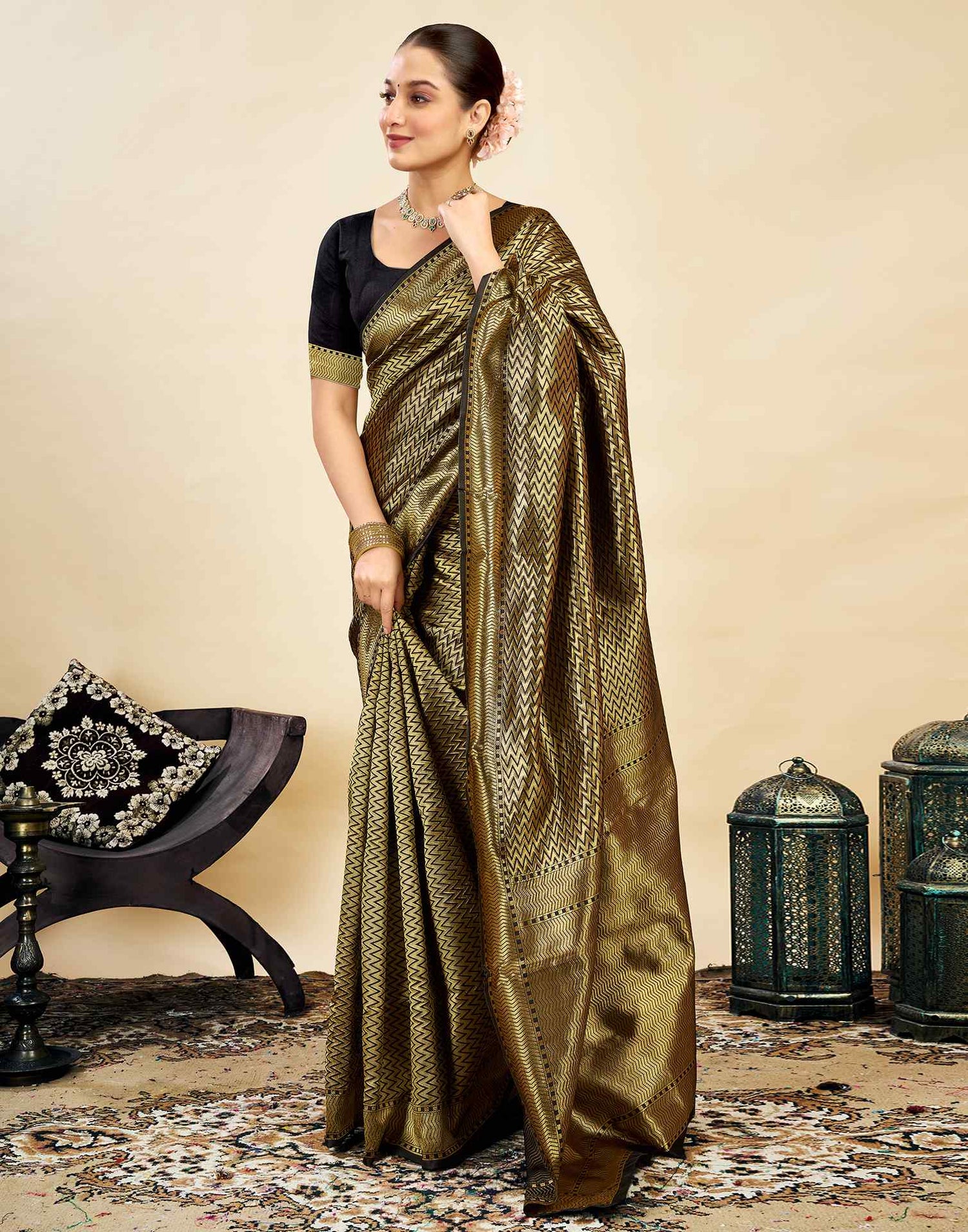 Black Silk Blend Woven Banarasi Saree